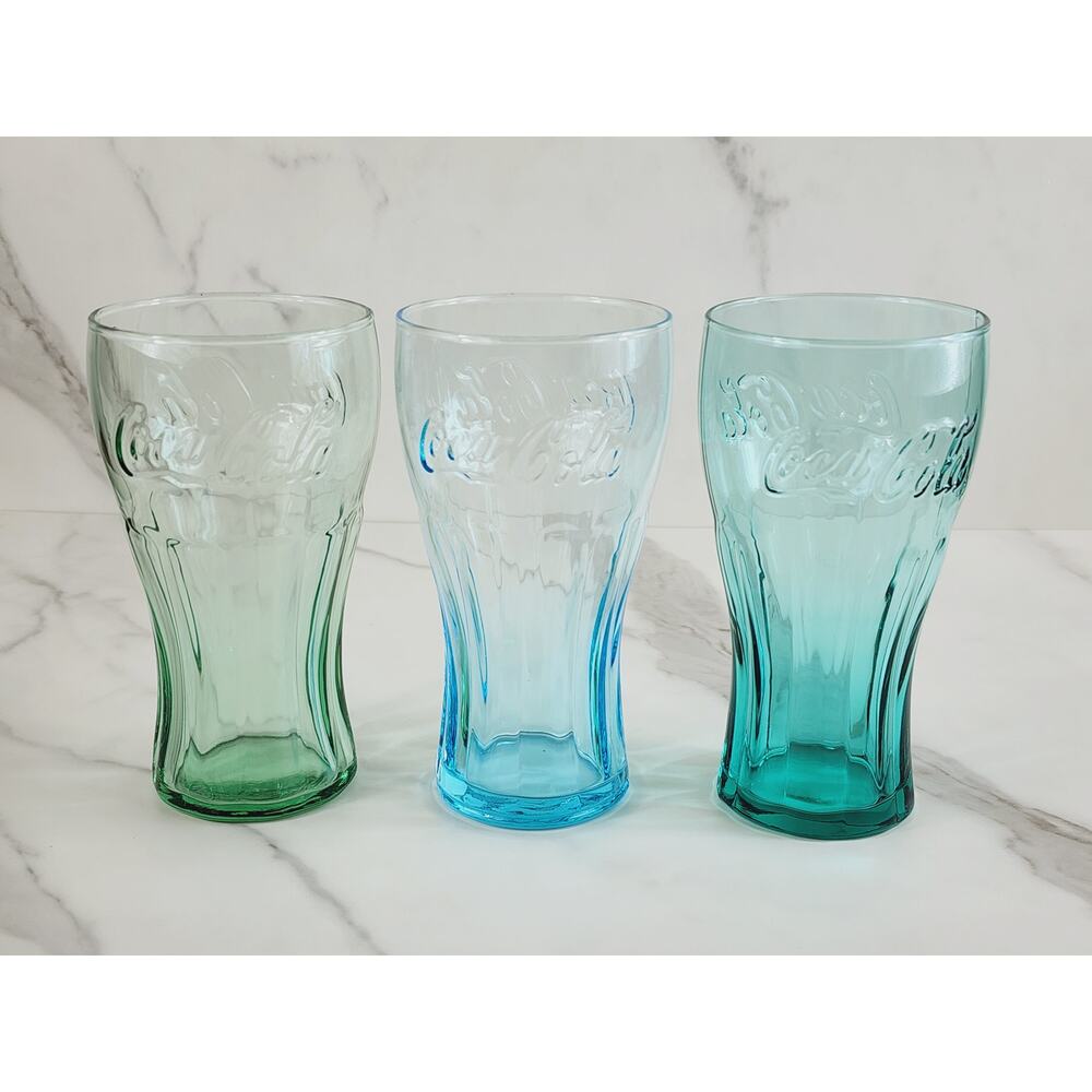 Coca Cola Drinking Glasses Embossed Logo 16oz Glass Tumblers Turquoise Green x3